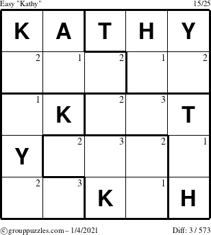 The grouppuzzles.com Easy Kathy puzzle for Monday January 4, 2021 with the first 3 steps marked