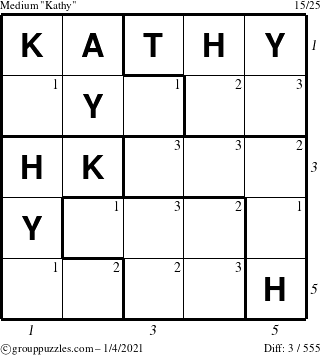 The grouppuzzles.com Medium Kathy puzzle for Monday January 4, 2021 with all 3 steps marked