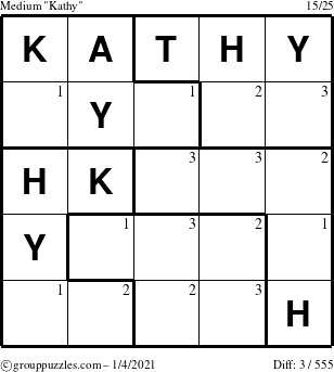 The grouppuzzles.com Medium Kathy puzzle for Monday January 4, 2021 with the first 3 steps marked