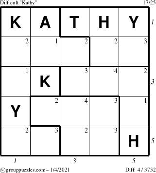 The grouppuzzles.com Difficult Kathy puzzle for Monday January 4, 2021 with all 4 steps marked