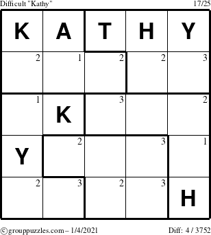 The grouppuzzles.com Difficult Kathy puzzle for Monday January 4, 2021 with the first 3 steps marked