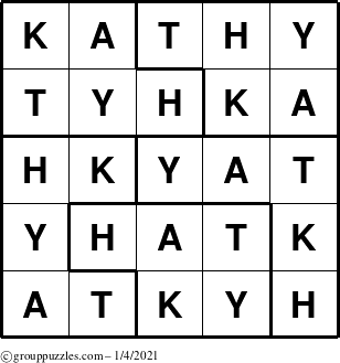 The grouppuzzles.com Answer grid for the Kathy puzzle for Monday January 4, 2021