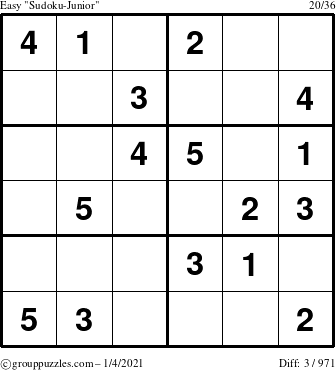 The grouppuzzles.com Easy Sudoku-Junior puzzle for Monday January 4, 2021