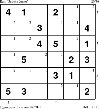 The grouppuzzles.com Easy Sudoku-Junior puzzle for Monday January 4, 2021 with all 3 steps marked