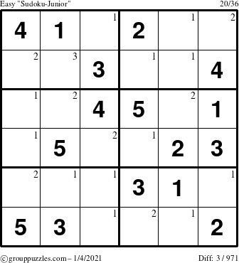 The grouppuzzles.com Easy Sudoku-Junior puzzle for Monday January 4, 2021 with the first 3 steps marked