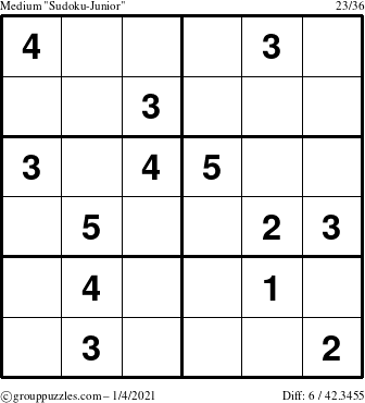 The grouppuzzles.com Medium Sudoku-Junior puzzle for Monday January 4, 2021