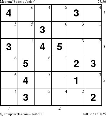 The grouppuzzles.com Medium Sudoku-Junior puzzle for Monday January 4, 2021 with all 6 steps marked