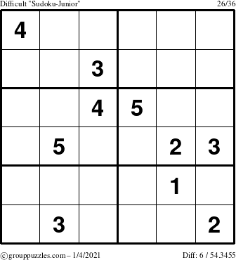 The grouppuzzles.com Difficult Sudoku-Junior puzzle for Monday January 4, 2021