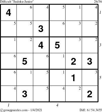 The grouppuzzles.com Difficult Sudoku-Junior puzzle for Monday January 4, 2021 with all 6 steps marked