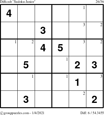 The grouppuzzles.com Difficult Sudoku-Junior puzzle for Monday January 4, 2021 with the first 3 steps marked