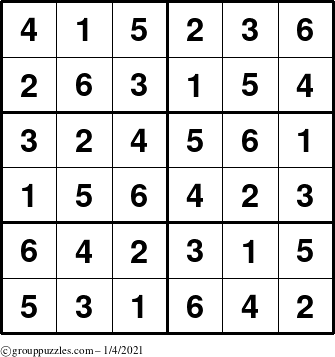 The grouppuzzles.com Answer grid for the Sudoku-Junior puzzle for Monday January 4, 2021