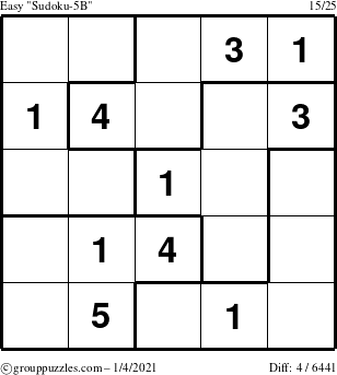 The grouppuzzles.com Easy Sudoku-5B puzzle for Monday January 4, 2021