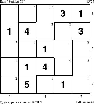 The grouppuzzles.com Easy Sudoku-5B puzzle for Monday January 4, 2021, suitable for printing, with all 4 steps marked