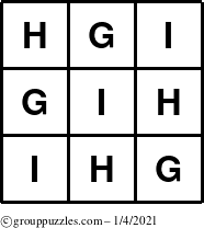 The grouppuzzles.com Answer grid for the TicTac-GHI puzzle for Monday January 4, 2021