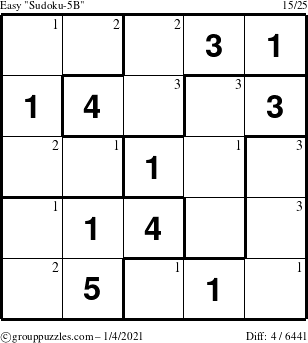 The grouppuzzles.com Easy Sudoku-5B puzzle for Monday January 4, 2021 with the first 3 steps marked