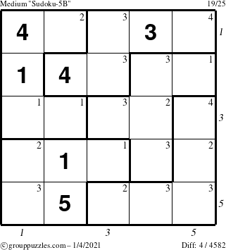 The grouppuzzles.com Medium Sudoku-5B puzzle for Monday January 4, 2021 with all 4 steps marked