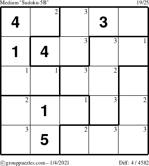 The grouppuzzles.com Medium Sudoku-5B puzzle for Monday January 4, 2021 with the first 3 steps marked