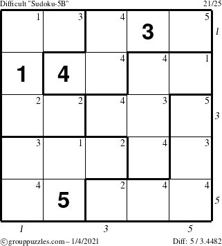 The grouppuzzles.com Difficult Sudoku-5B puzzle for Monday January 4, 2021 with all 5 steps marked