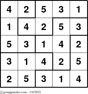 The grouppuzzles.com Answer grid for the Sudoku-5B puzzle for Monday January 4, 2021