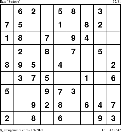 The grouppuzzles.com Easy Sudoku puzzle for Monday January 4, 2021