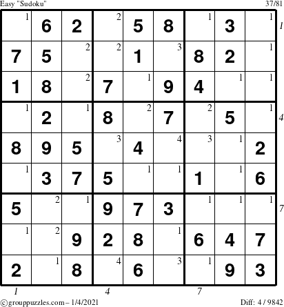 The grouppuzzles.com Easy Sudoku puzzle for Monday January 4, 2021 with all 4 steps marked