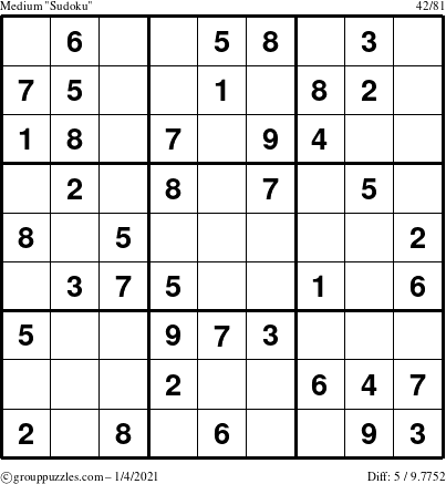 The grouppuzzles.com Medium Sudoku puzzle for Monday January 4, 2021