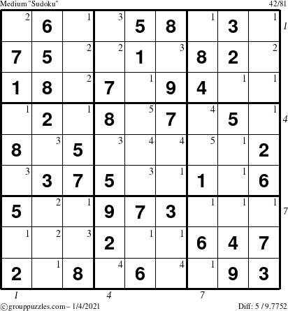 The grouppuzzles.com Medium Sudoku puzzle for Monday January 4, 2021 with all 5 steps marked