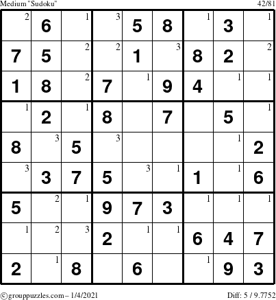 The grouppuzzles.com Medium Sudoku puzzle for Monday January 4, 2021 with the first 3 steps marked