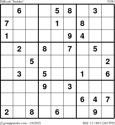 The grouppuzzles.com Difficult Sudoku puzzle for Monday January 4, 2021