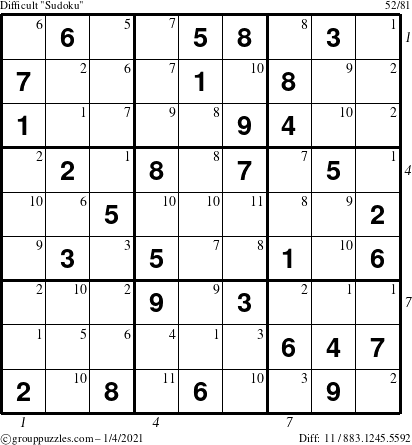 The grouppuzzles.com Difficult Sudoku puzzle for Monday January 4, 2021 with all 11 steps marked