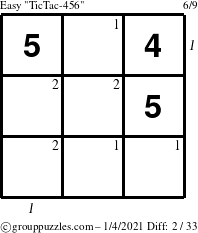 The grouppuzzles.com Easy TicTac-456 puzzle for Monday January 4, 2021 with all 2 steps marked