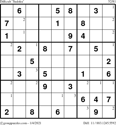 The grouppuzzles.com Difficult Sudoku puzzle for Monday January 4, 2021 with the first 3 steps marked