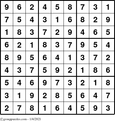 The grouppuzzles.com Answer grid for the Sudoku puzzle for Monday January 4, 2021