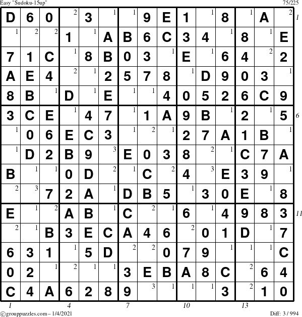 The grouppuzzles.com Easy Sudoku-15up puzzle for Monday January 4, 2021 with all 3 steps marked