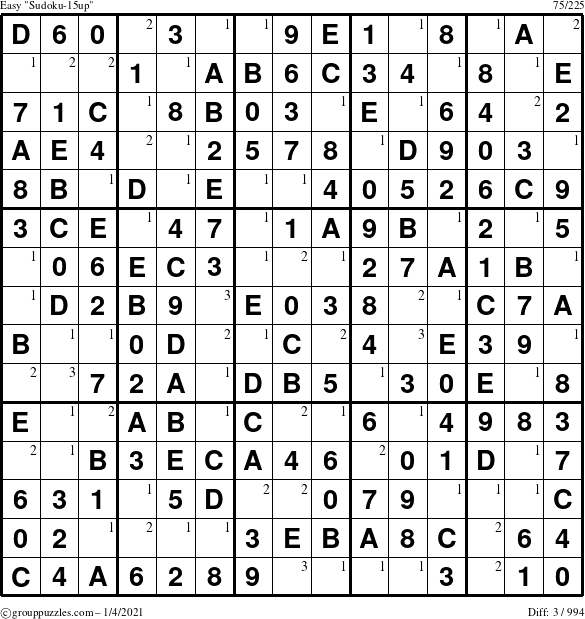 The grouppuzzles.com Easy Sudoku-15up puzzle for Monday January 4, 2021 with the first 3 steps marked