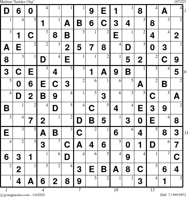 The grouppuzzles.com Medium Sudoku-15up puzzle for Monday January 4, 2021, suitable for printing, with all 7 steps marked