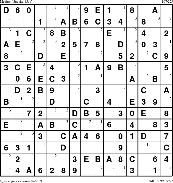 The grouppuzzles.com Medium Sudoku-15up puzzle for Monday January 4, 2021 with the first 3 steps marked