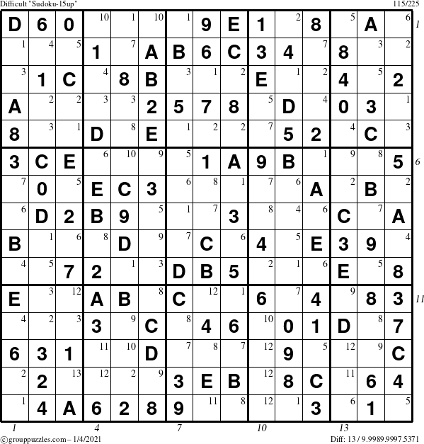 The grouppuzzles.com Difficult Sudoku-15up puzzle for Monday January 4, 2021 with all 13 steps marked