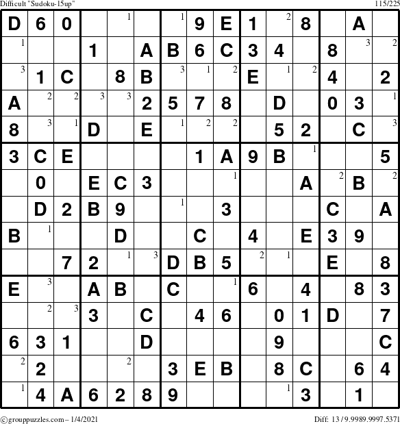 The grouppuzzles.com Difficult Sudoku-15up puzzle for Monday January 4, 2021 with the first 3 steps marked