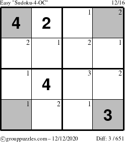 The grouppuzzles.com Easy Sudoku-4-OC puzzle for Saturday December 12, 2020 with the first 3 steps marked
