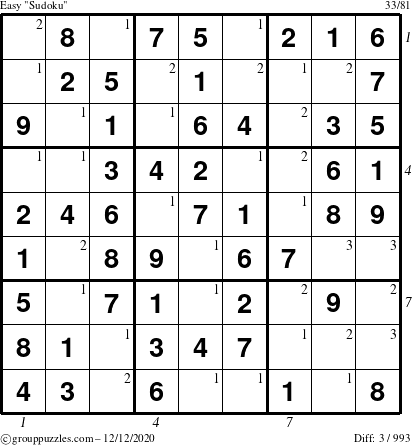 The grouppuzzles.com Easy Sudoku puzzle for Saturday December 12, 2020 with all 3 steps marked