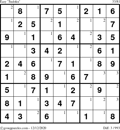 The grouppuzzles.com Easy Sudoku puzzle for Saturday December 12, 2020 with the first 3 steps marked