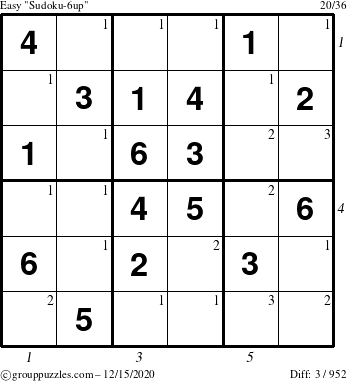 The grouppuzzles.com Easy Sudoku-6up puzzle for Tuesday December 15, 2020, suitable for printing, with all 3 steps marked