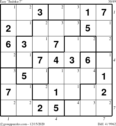 The grouppuzzles.com Easy Sudoku-7 puzzle for Tuesday December 15, 2020, suitable for printing, with all 4 steps marked