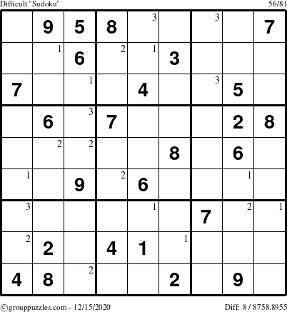 The grouppuzzles.com Difficult Sudoku puzzle for Tuesday December 15, 2020 with the first 3 steps marked