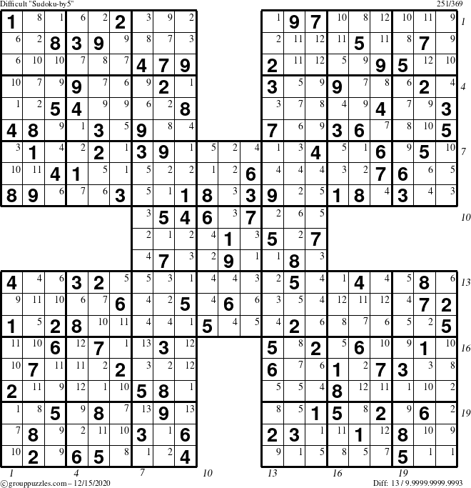 The grouppuzzles.com Difficult Sudoku-by5 puzzle for Tuesday December 15, 2020, suitable for printing, with all 13 steps marked