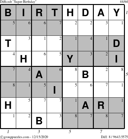 The grouppuzzles.com Difficult Super-Birthday puzzle for Tuesday December 15, 2020 with all 8 steps marked