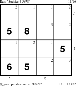 The grouppuzzles.com Easy Sudoku-4-5678 puzzle for Monday January 18, 2021 with all 3 steps marked