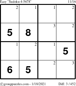 The grouppuzzles.com Easy Sudoku-4-5678 puzzle for Monday January 18, 2021 with the first 3 steps marked