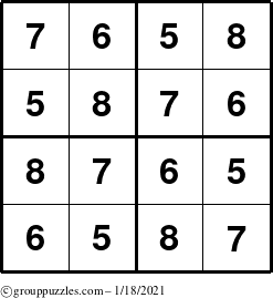 The grouppuzzles.com Answer grid for the Sudoku-4-5678 puzzle for Monday January 18, 2021